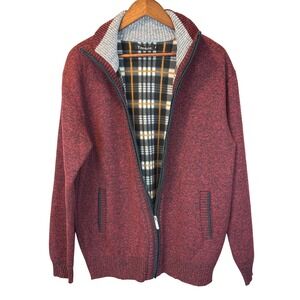 Yeokou Men's Cashmere Wool Blend Zip Sweater Jacket Burgundy Plaid Lined Size XL